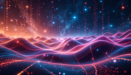 Futuristic digital landscape with glowing waves and particles.