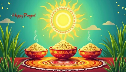 A vibrant Pongal design featuring rice pots sugarcane and kolam art under a bright sun with 'Happy Pongal' prominently displayed.