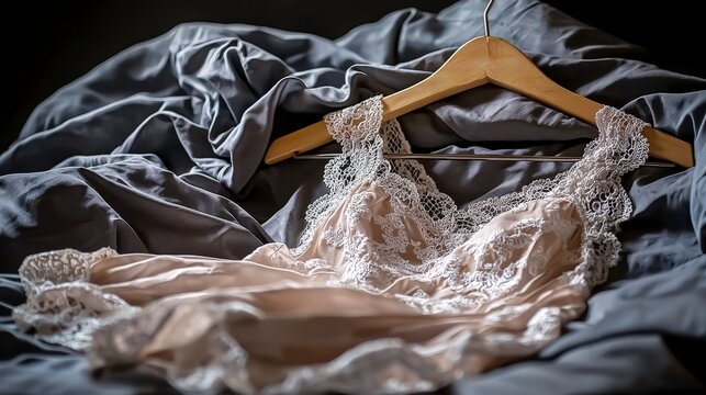 Elegant lace-trimmed nightgown on soft bedding cozy bedroom setting fashion photography intimate atmosphere
