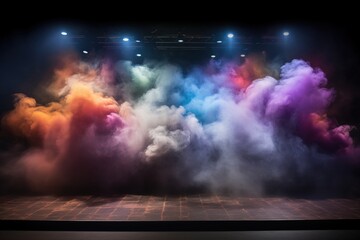 Vibrant Colored Smoke Puffs on Theater Stage Under Dramatic Lighting for Stunning Visual Effects in Performance Arts Setting