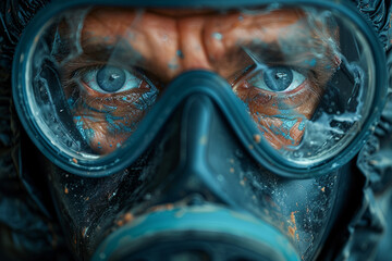 Close-up of a person wearing protective gear, including a hazmat suit, gas mask, and goggles generative AI
