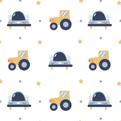 cute funny kids pattern with a car and a tractor on a white background