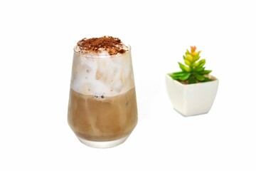 Delicious and good taste with Latte ice coffee serving wooden plates on white background and isolate concept.