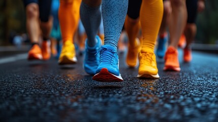 Fototapeta premium Close-up of runners' feet on a wet road, showcasing vibrant athletic shoes in motion during a race.