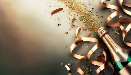 Art of Celebration background with champagne bottle, confetti and party streamers, gold color