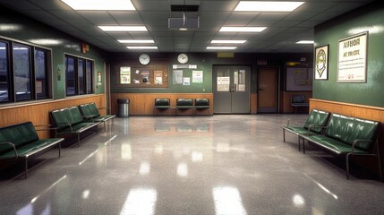 A spacious hospital waiting room featuring green benches, bulletin boards, and large windows, Ideal for healthcare-related materials, articles, and websites to depict a medical environment,