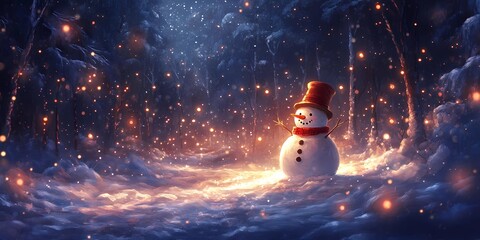 Softly blurred bokeh lights shimmering around a cheerful snowman in a peaceful snowy scene, style book illustration
