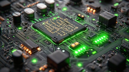 Obraz premium The Heart of Innovation: A close-up shot of a powerful processor chip glowing green on a complex circuit board, symbolizing the core of technological advancements and the future of innovation. 