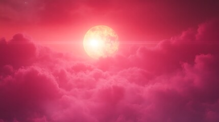 Pink moon shining through vibrant clouds at night.