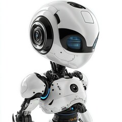 White robot with large eyes and round head on plain background.