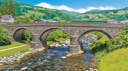 Fototapeta premium Stone Arch Bridge over a River in a Picturesque Valley, Train Passing By