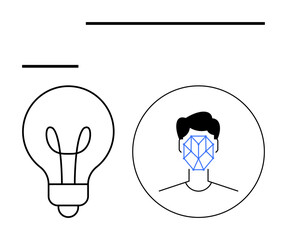Geometric face mesh in circular frame next to lightbulb signifies advanced AI innovation. Ideal for creativity, biometrics, facial recognition, technology, artificial intelligence, abstract thinking