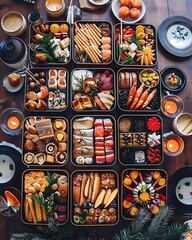 Obraz premium Assorted Japanese New Years Cuisine In Festive Boxes