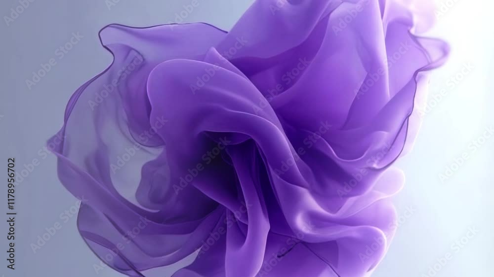 Poster abstract 3d animation with soft, wavy shapes of flying fabric in shades of purple and lavender. a mo