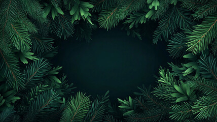 Banner with Dense green pine foliage texture, dark moody fir tree branches background