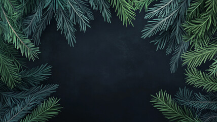 Banner with Dense green pine foliage texture, dark moody fir tree branches background