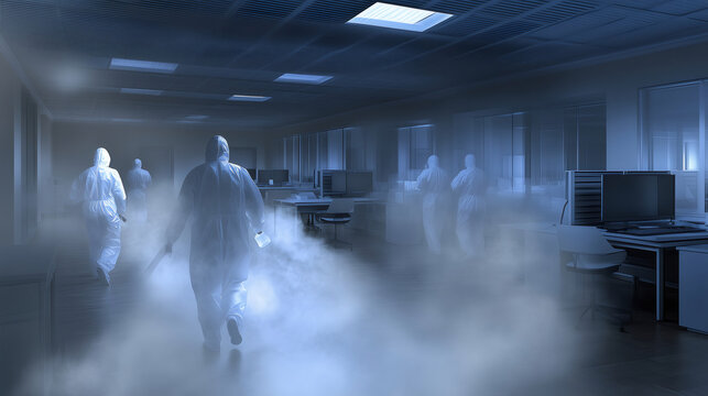 Healthcare workers sanitizing office using disinfectant sprayers
