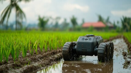 Modern agricultural tractor in lush green rice field