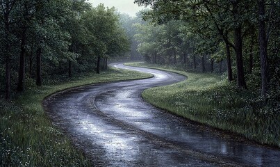 Fototapeta premium Winding rainy road through a lush green forest, ideal for travel or nature themes.