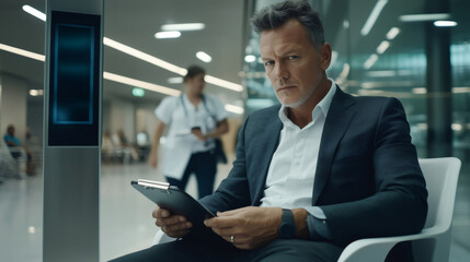 Fototapeta premium Confident businessman holding clipboard, waiting in modern hospital lobby