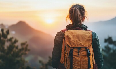Woman hiker with backpack watching mountain sunrise.