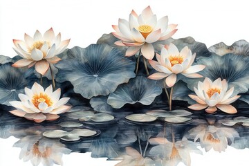 A serene depiction of water lilies floating on a tranquil pond, reflecting their beauty.