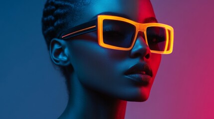 Close-up of a woman wearing yellow futuristic glasses in dramatic lighting