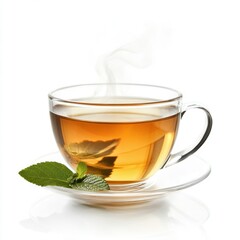 Warm herbal tea served in a clear glass cup with fresh mint leaves on a small plate