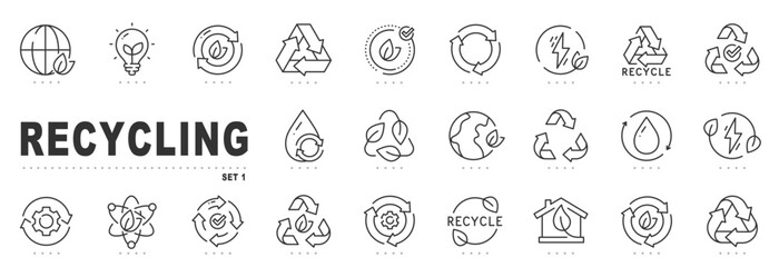 Set of recycling related line icons. Eco, save, reduce, reuse etc. Editable stroke.