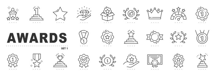 Set of award related line icons. Medal, reward, prize, trophy etc. Editable stroke.