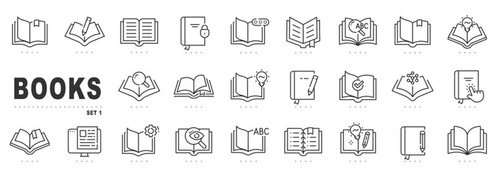 Set of book related line icons. Textbook, open book, page, literature etc. Editable stroke.