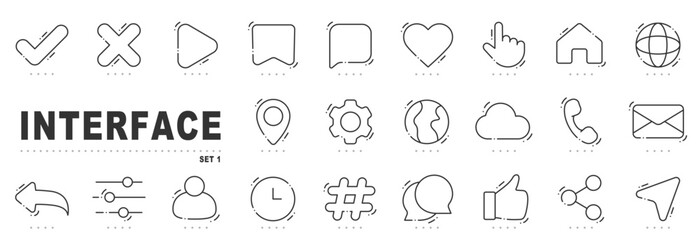 Set of basic interface related line icon. Notification, heart, like, user, share etc. Editable stroke