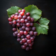 Fototapeta premium Freshly harvested red grapes with green leaves on a dark surface for healthy eating and cooking inspiration