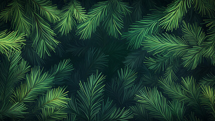 Banner with Dense green pine foliage texture, dark moody fir tree branches background