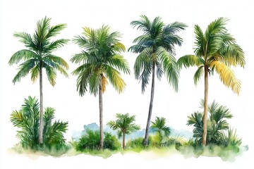 A watercolor illustration of various palm trees in a lush green setting.