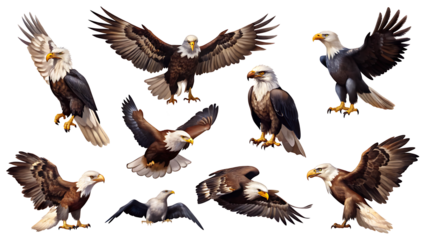 set collection of eagle birds in diffrent positions and views isolated on white background PNG.AI GENERATED