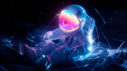 Vibrant Digital Painting: Astronaut Serenely Contemplates Cosmic Nebula. AI Generated