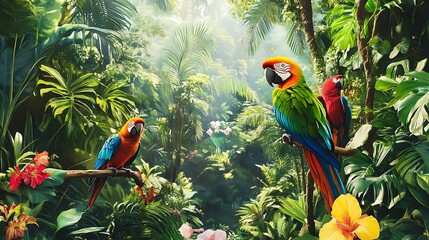 A tropical rainforest garden with dense vegetation and colorful parrots perched nearby