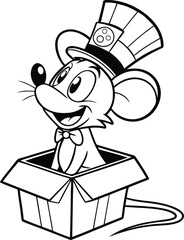 A cartoon mouse sitting on top of a gift box, vector, cartoon mouse sitting on top of a gift box line art, cartoon mouse sitting on top of a gift box silhouette