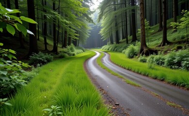 Obraz premium A winding dirt road through a lush green forest bathed in sunlight.