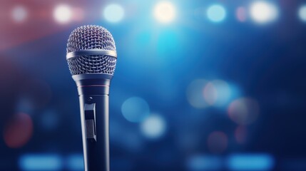 Microphone Positioned on Stage Ready for Upcoming Performance with Soft Focus Background and Bokeh Effect for Live Events and Music Gigs