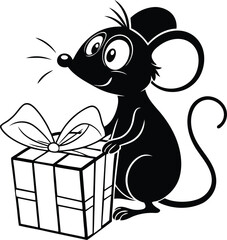 A cartoon mouse sitting on top of a gift box, vector, cartoon mouse sitting on top of a gift box line art, cartoon mouse sitting on top of a gift box silhouette