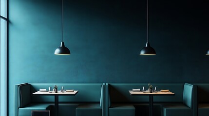 A trendy restaurant interior with sleek booth seating and dim pendant lighting