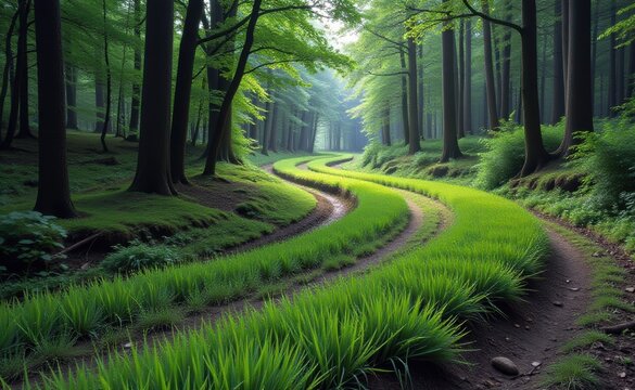 A winding dirt road through a lush green forest bathed in sunlight.