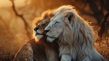 Fototapeta premium A white lion and brown lion hugging to each other at sunset