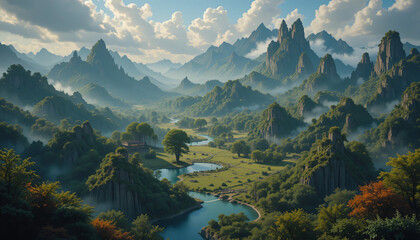 Mystic fantasy medieval building grass and river landscape. Fantastic world digital art painting
