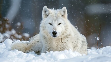 Obraz premium A white wolf rests in the snow staring at the camera with its pupils open