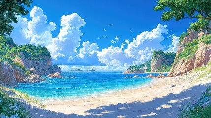 Fototapeta premium Stunning Beach Landscape: Azure Ocean, White Sand, and Dramatic Cliffs under a Summer Sky