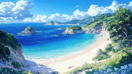 Fototapeta premium Stunning Beach Landscape: Azure Ocean, Sandy Shores, and Lush Cliffs under a Summer Sky