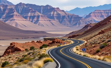 Fototapeta premium A scenic road winds through a dramatic desert landscape, with towering red rock cliffs and a clear blue sky in the background.